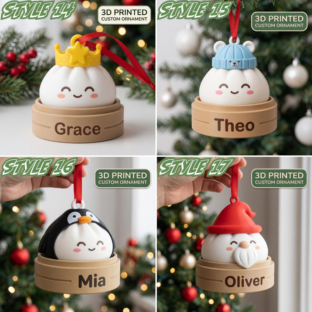 May include: Four 3D printed custom ornaments shaped like white dumplings with smiling faces, each sitting in a tan bamboo steamer base personalized with the names Grace, Theo, Mia, or Oliver, and topped with various hats.