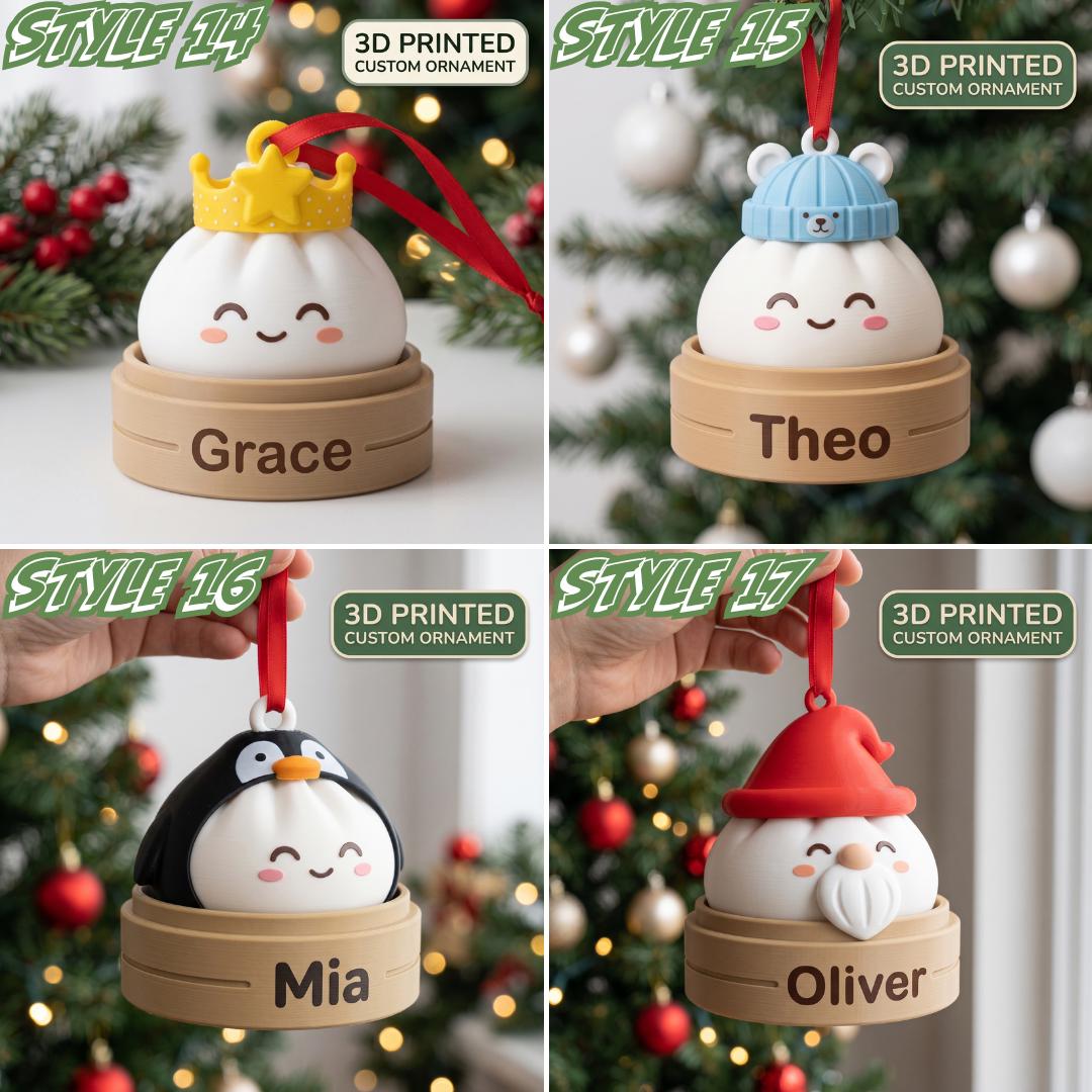 May include: Four 3D printed custom ornaments shaped like white dumplings with smiling faces, each sitting in a tan bamboo steamer base personalized with the names Grace, Theo, Mia, or Oliver, and topped with various hats.