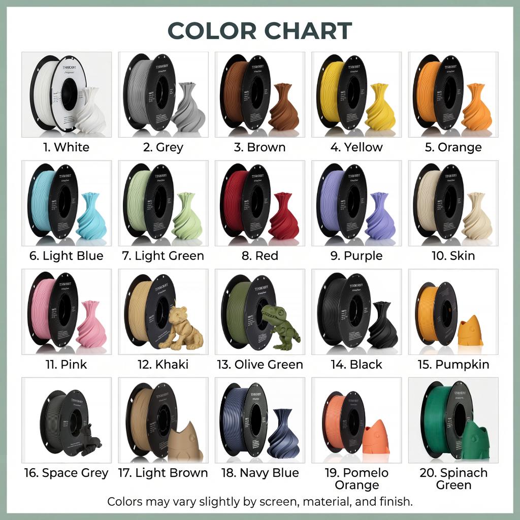 May include: A color chart displaying twenty numbered 3D printer filament spools in various colors including white, grey, brown, yellow, orange, light blue, light green, red, purple, skin, pink, khaki, olive green, black, pumpkin, space grey, light brown, navy blue, pomelo orange, and spinach green.