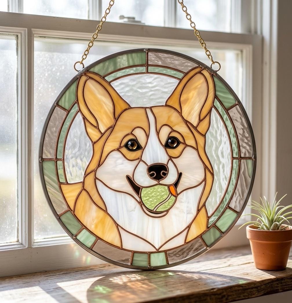 May include: A circular stained glass suncatcher featuring a tan and white Corgi dog with a green tennis ball in its mouth. The piece is framed in a dark metal border with a light green and clear textured glass outer ring and hangs by a gold chain.