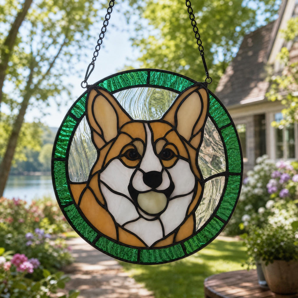May include: A circular stained glass suncatcher featuring a tan and white Corgi dog face with a black nose and eyes. The dog is framed by a textured emerald green glass border and hangs from a black metal chain against a blurred outdoor background.