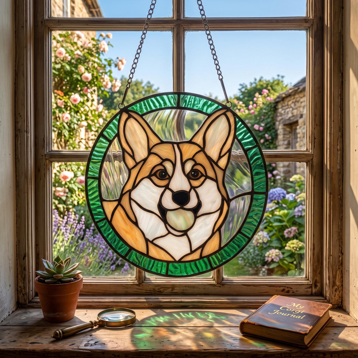 May include: A circular stained glass suncatcher featuring a tan and white Corgi dog face with dark eyes and a black nose, framed by a textured green border. The piece hangs from a silver metal chain against a window with a garden view.
