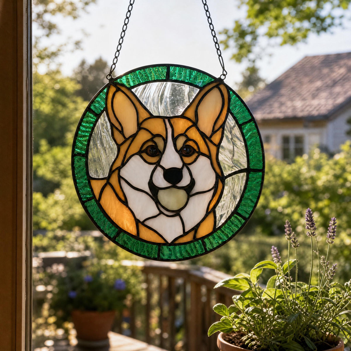 May include: A circular stained glass suncatcher featuring a Corgi dog portrait with tan, white, and black glass pieces. The dog is framed by a textured green glass border and hangs from a metal chain, displaying a detailed canine facial design.