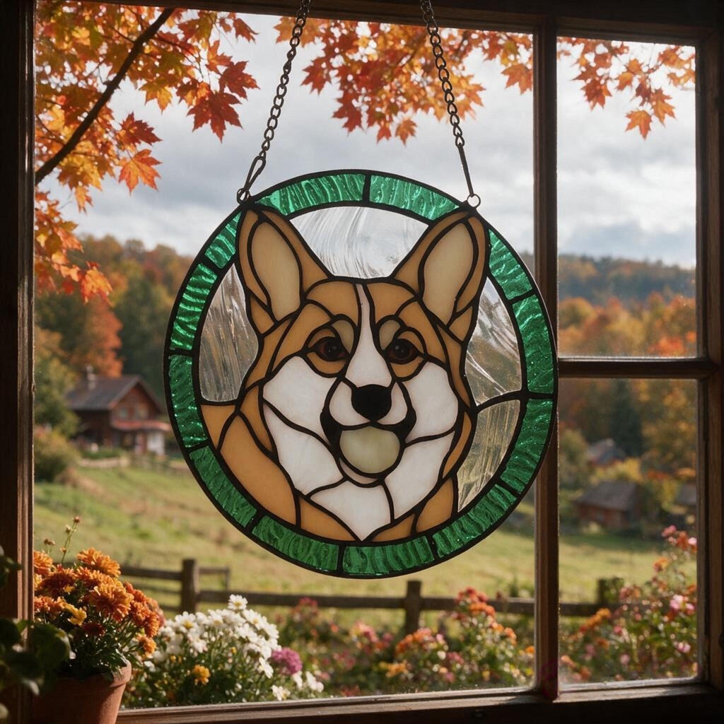 May include: A circular stained glass suncatcher featuring a tan and white Corgi dog portrait. The dog is centered within a textured green glass border. The piece is suspended by a metal chain, showcasing detailed lead lines and glass segments.
