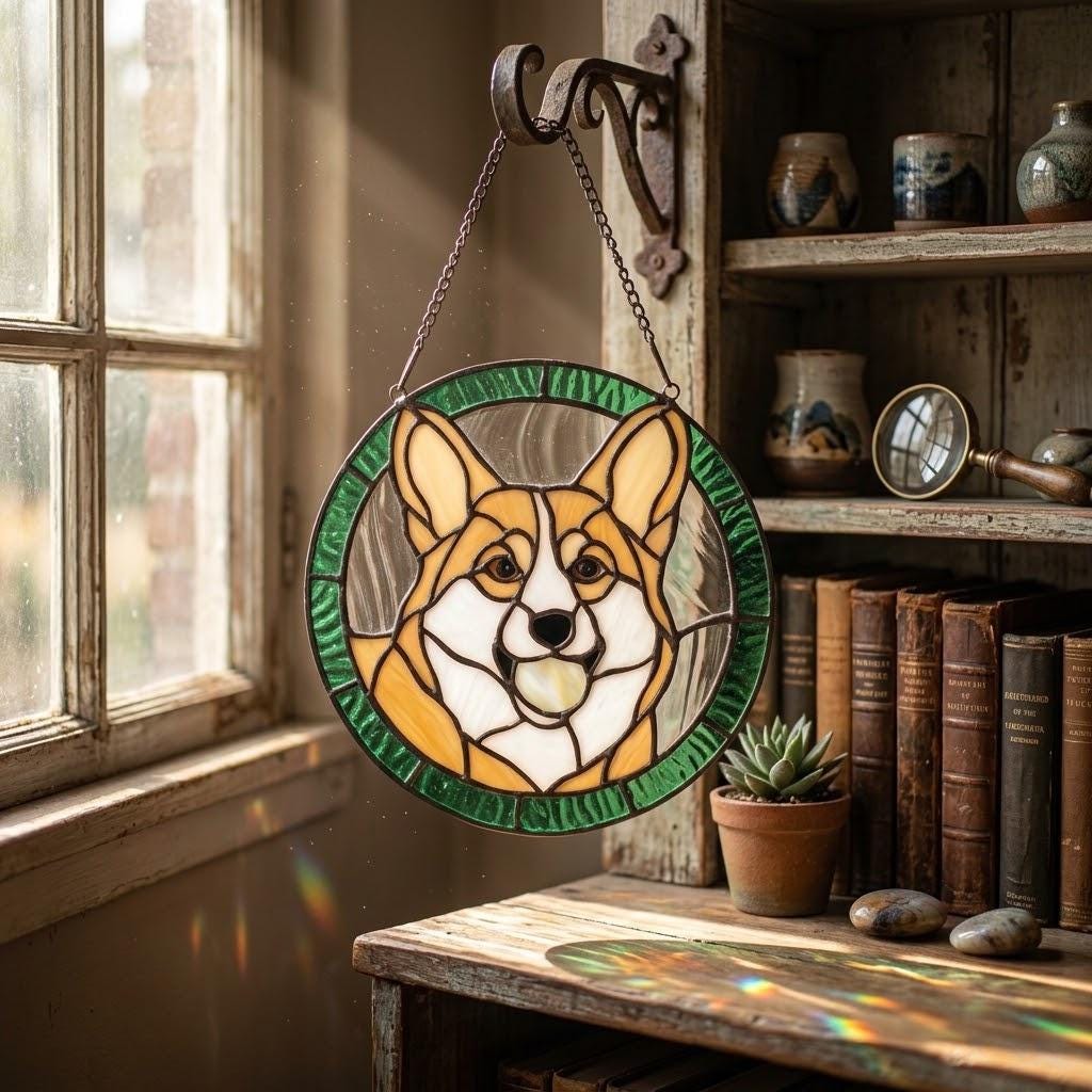 May include: A circular stained glass suncatcher featuring a tan and white Corgi dog portrait with a green border. The piece is suspended by a metal chain from a decorative wall-mounted bracket, showcasing detailed glass segments and dark lead lines.