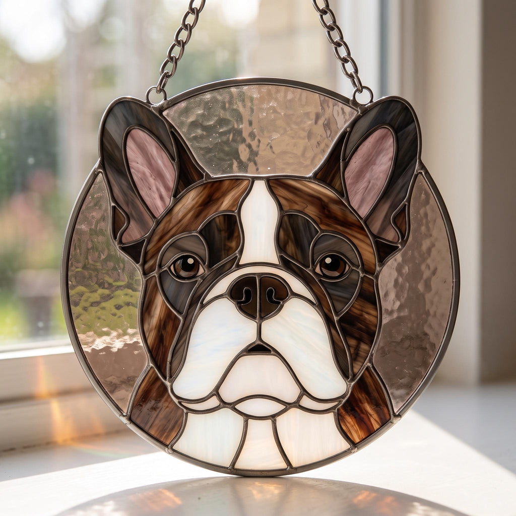 May include: A circular stained glass suncatcher featuring a brindle and white French Bulldog portrait. The piece is crafted with textured brown, white, and pink glass segments held together by dark metal solder lines and hangs from a metal chain.