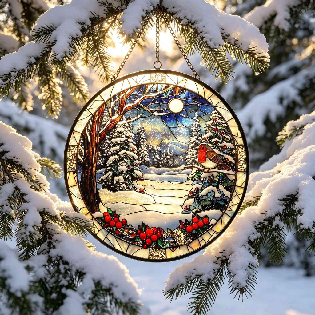 May include: A circular stained glass suncatcher featuring a winter landscape with snow-covered pine trees, a bright moon in a dark blue sky, and a small robin perched on a branch. The bottom edge is decorated with clusters of bright red holly berries.