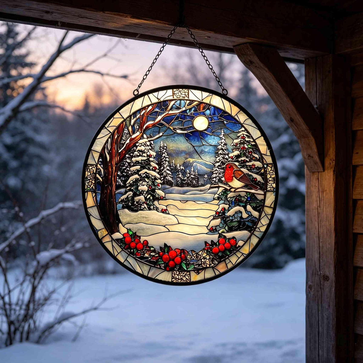 May include: A circular stained glass suncatcher featuring a winter landscape with a snow-covered forest, a bright moon in a dark blue sky, and a red-breasted robin perched on a branch. The bottom border is decorated with clusters of red holly berries.