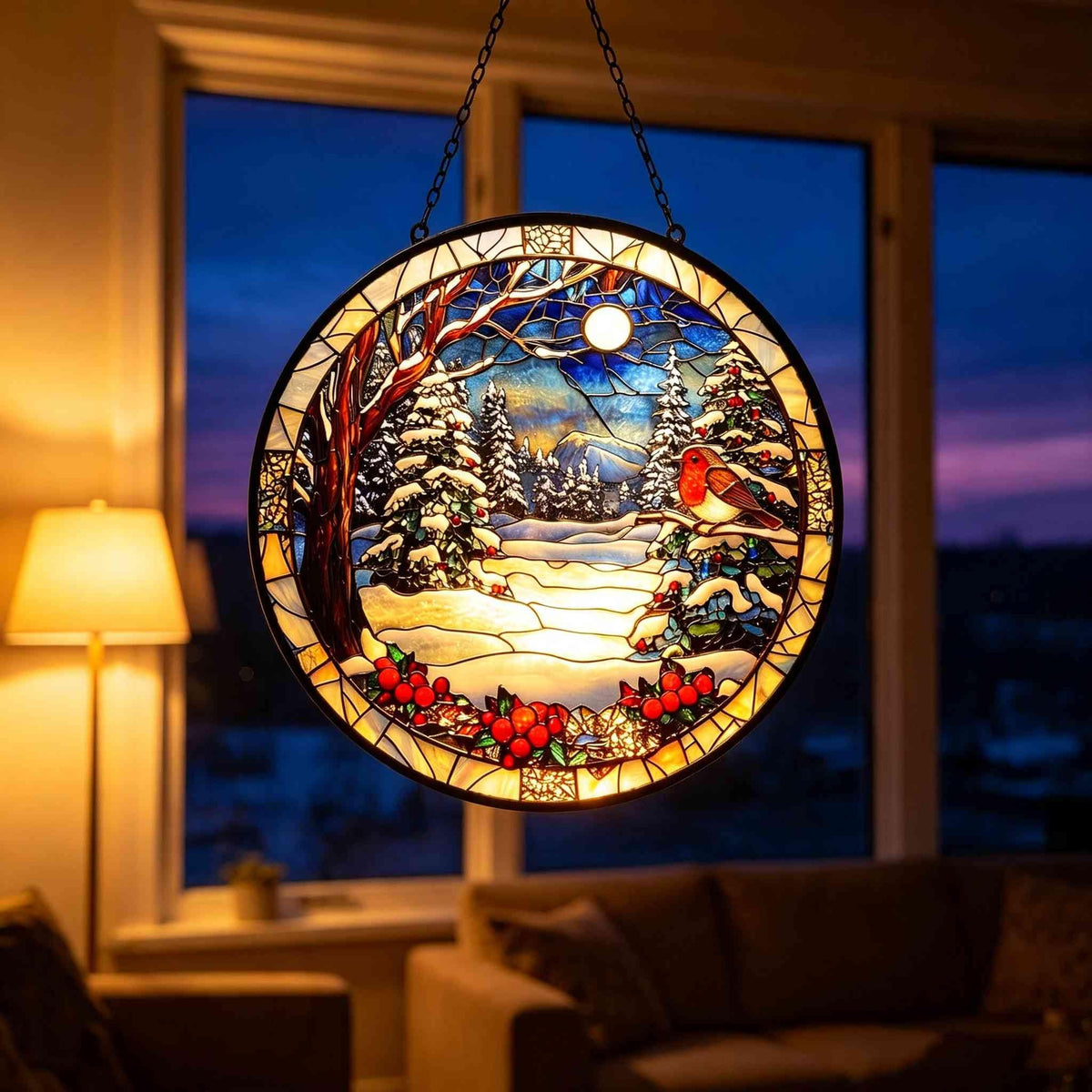 May include: A circular stained glass suncatcher featuring a winter landscape with a snow-covered forest, a bright full moon, and a small red bird perched on a branch. The bottom border is decorated with clusters of red berries and green leaves.