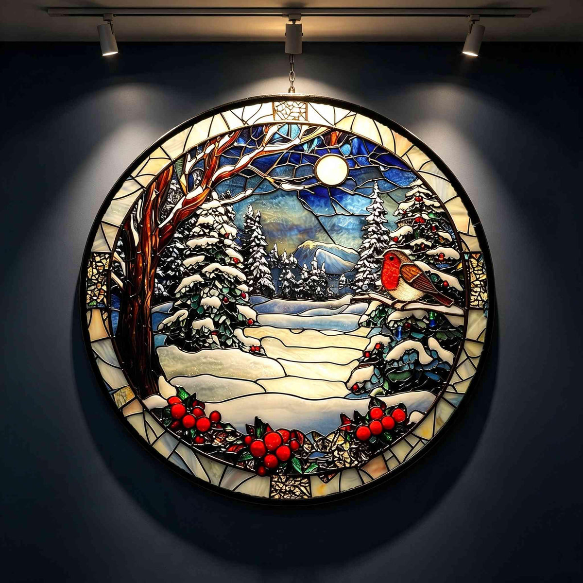 May include: A circular stained glass panel depicting a winter landscape with snow-covered pine trees, a red-breasted robin perched on a branch, and bright red holly berries in the foreground, all set against a deep blue sky with a full moon.