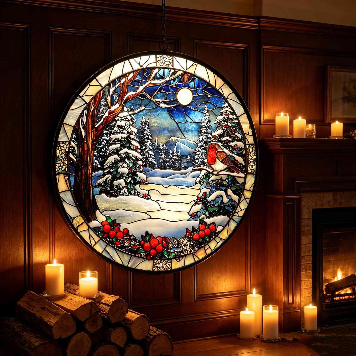 May include: A circular stained glass window hanging featuring a winter landscape with snow-covered pine trees, a robin perched on a branch, and red holly berries. The scene includes a bright moon in a deep blue sky, framed by a dark metal border.