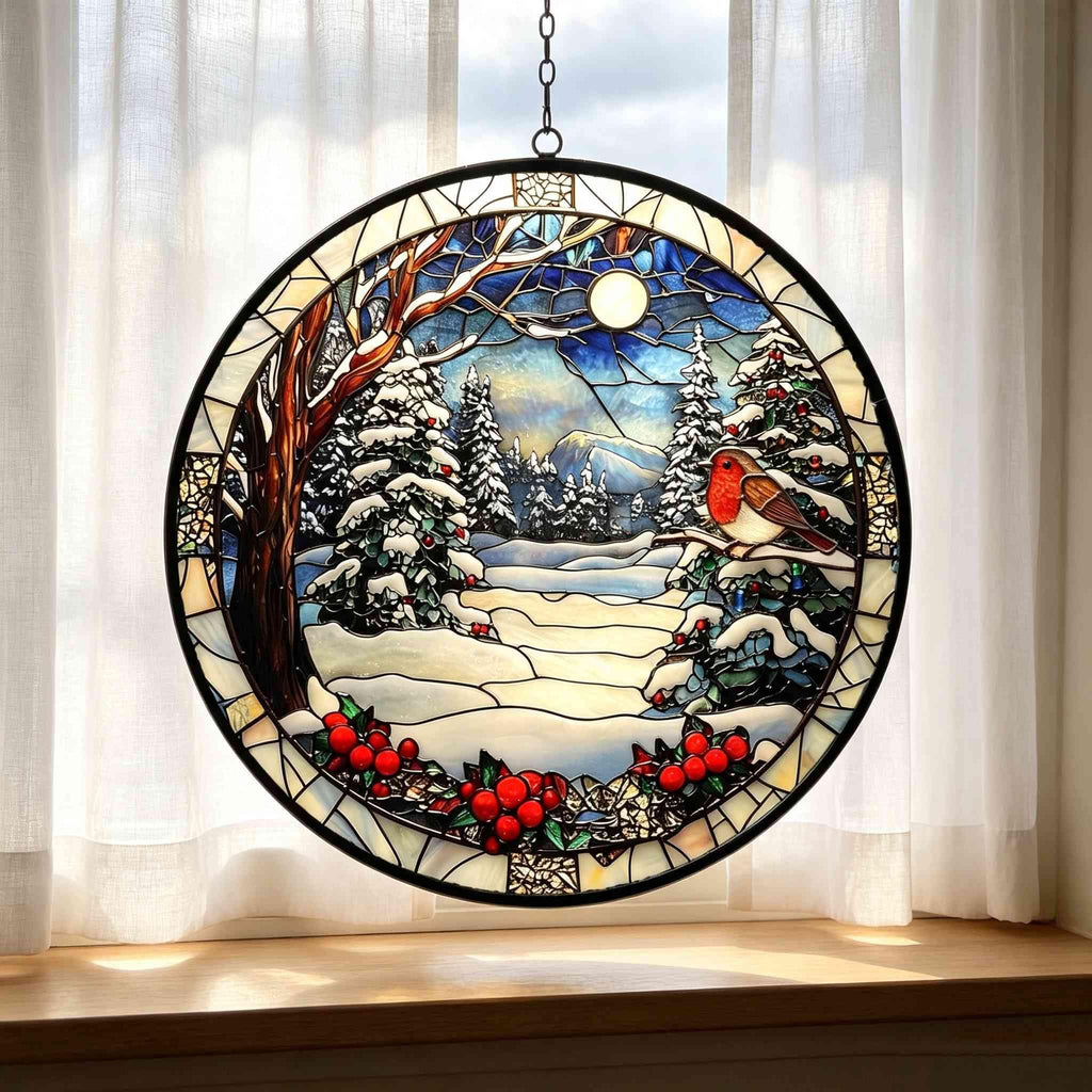 May include: A circular stained glass suncatcher featuring a winter landscape with snow-covered pine trees, a bright full moon in a deep blue sky, and a small red robin perched on a branch. The bottom border is decorated with red holly berries.