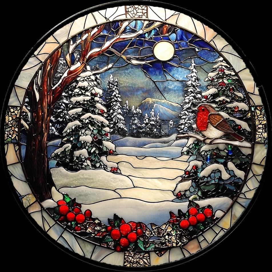 May include: A circular stained glass panel depicting a winter landscape with a robin perched on a snow-covered branch. The scene features snow-laden pine trees, a distant mountain, a full moon in a dark blue sky, and red holly berries in the foreground.