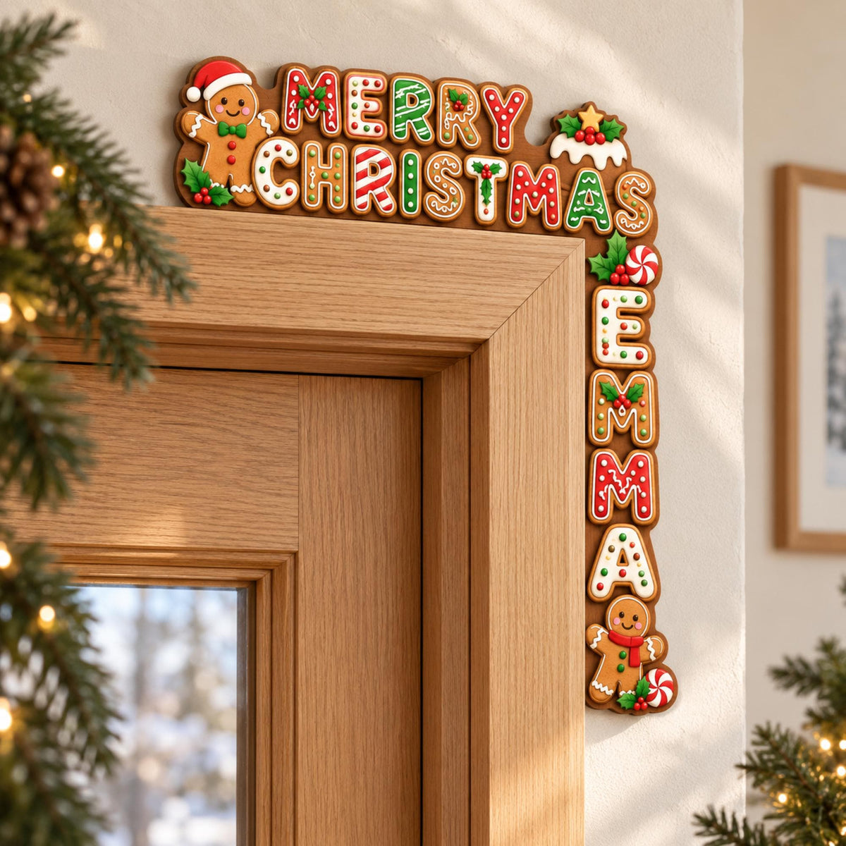 May include: A gingerbread-themed door corner sign featuring the text Merry Christmas and the name Emma. The decoration includes colorful icing, peppermint candies, holly leaves, and gingerbread characters, designed to fit the top corner of a door frame.