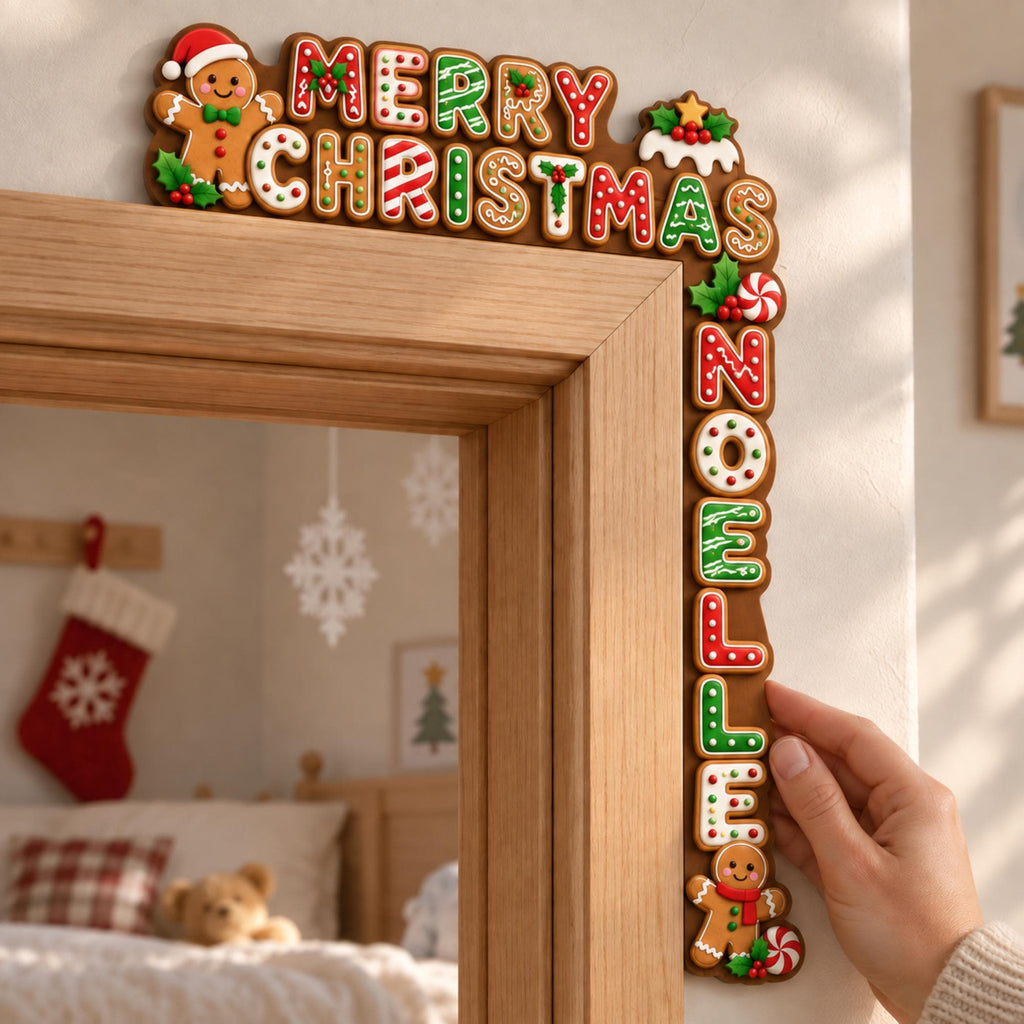 May include: A gingerbread-themed door corner decoration featuring the text Merry Christmas and Noelle. The brown, cookie-shaped sign is decorated with red, green, and white icing, holly berries, peppermint candies, and two smiling gingerbread figures.
