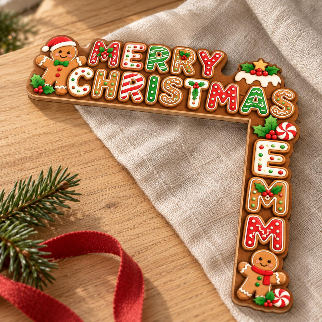 May include: An L-shaped wooden wall sign featuring the text Merry Christmas Emma in a gingerbread cookie style. The letters are decorated with red, green, and white icing, holly leaves, peppermint candies, and two smiling gingerbread figures.