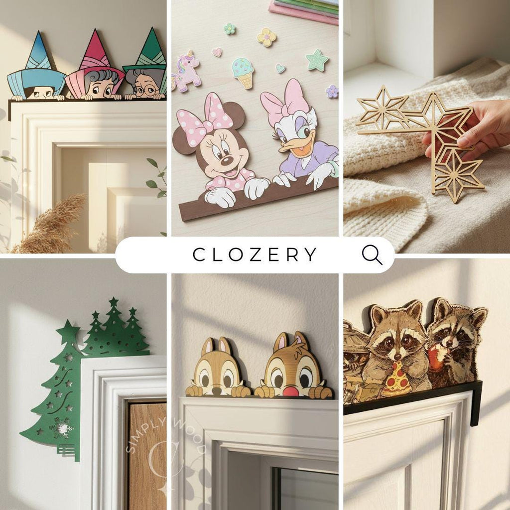 May include: A collection of decorative wooden door corner toppers featuring various designs including cartoon characters, a geometric star pattern, green pine trees, and raccoons eating pizza, all designed to sit on the top corner of a door frame.
