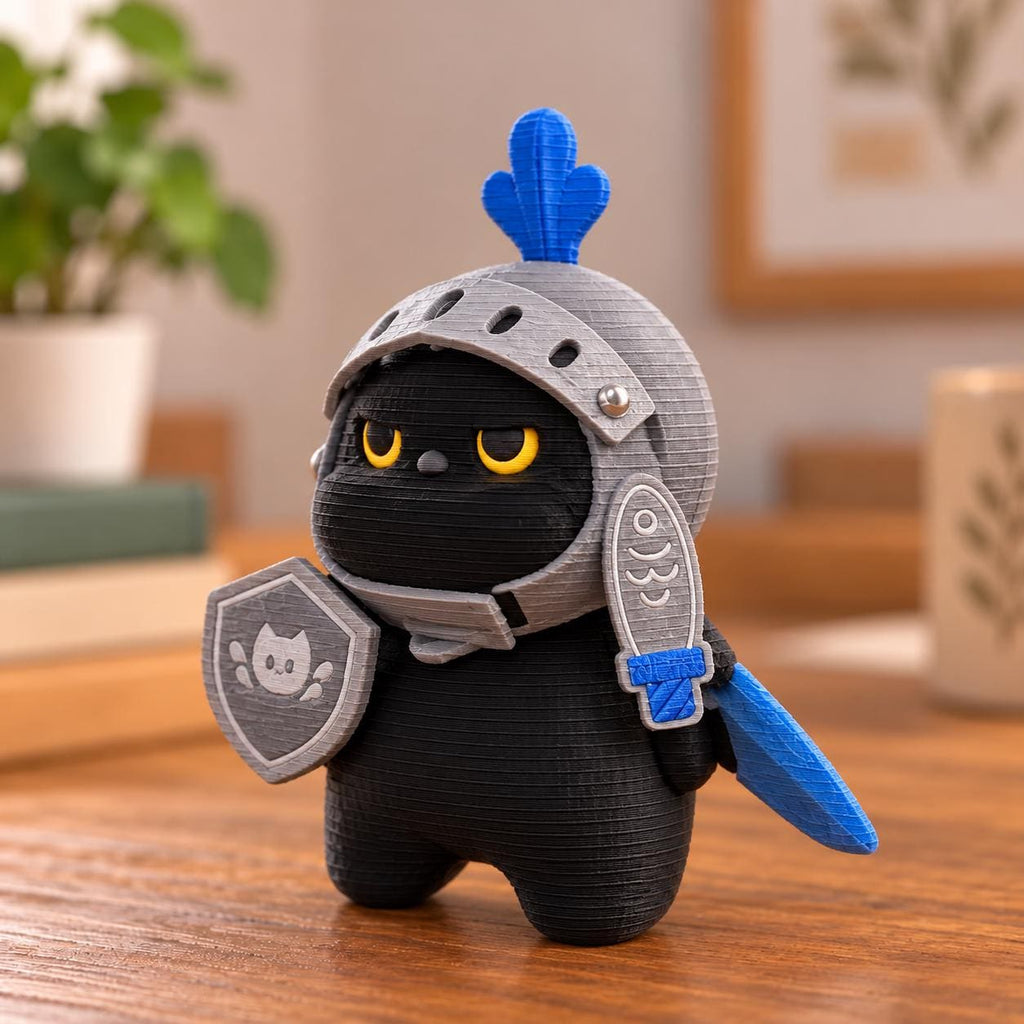 May include: A 3D printed black cat figurine wearing a grey knight helmet with a blue plume. The cat has yellow eyes and holds a grey shield featuring a small cat face icon and a blue sword with a fish-shaped hilt on its side.