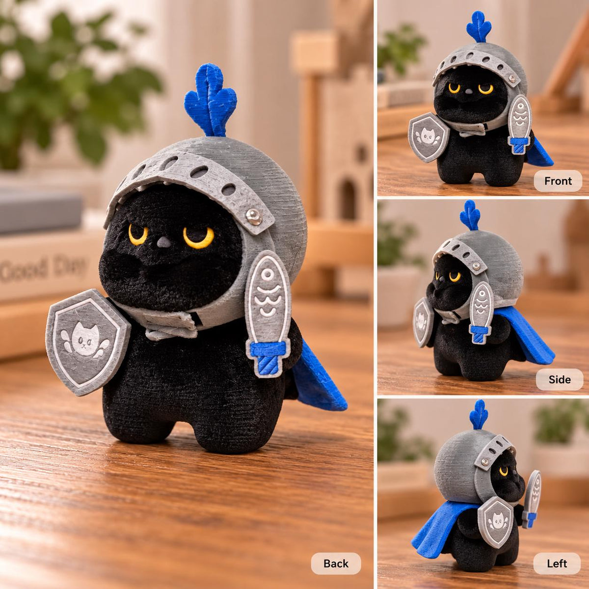 May include: A black plush cat figurine wearing a grey knight helmet with a blue plume. The cat holds a grey shield with a white cat face icon and a grey sword with a fish design. A blue cape is attached to the back of the knight cat figure.