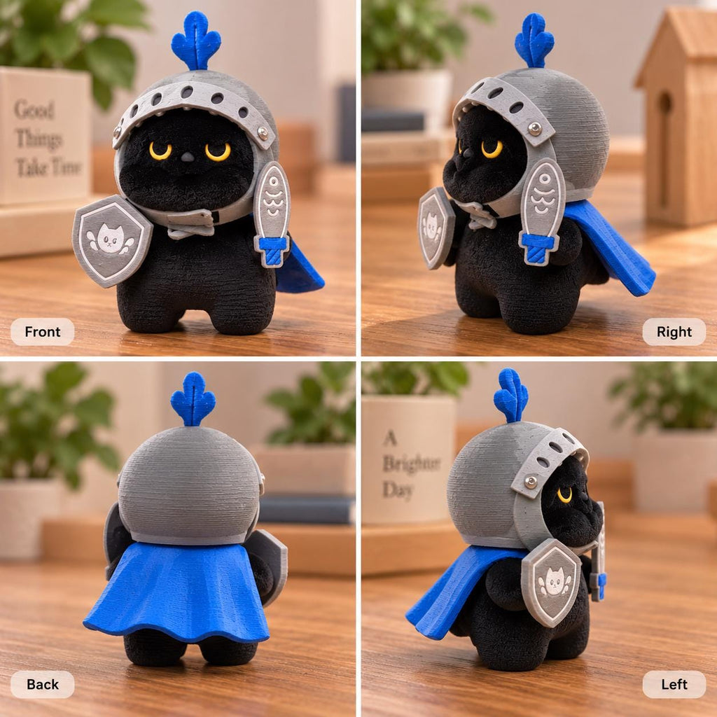May include: A black plush cat figurine wearing a grey knight helmet with a blue plume, a blue cape, and holding a grey shield with a white cat face icon and a grey sword with a fish emblem. The figure is shown from front, back, left, and right angles.