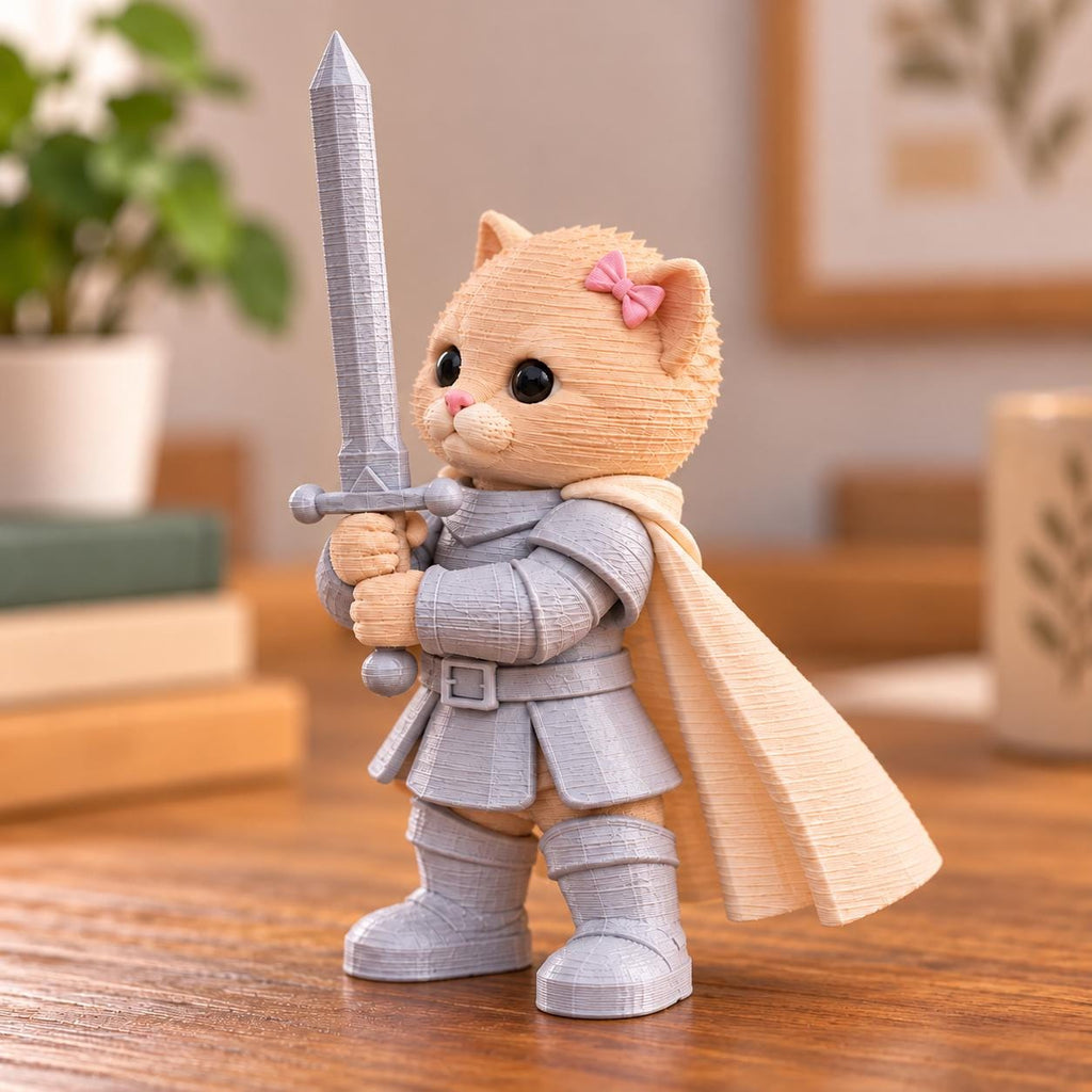 May include: A beige cat figurine dressed in grey knight armor, holding a grey sword with both paws. The cat has a small pink bow on its head and wears a long, light-colored cape that flows behind its back. The figure has a textured surface.