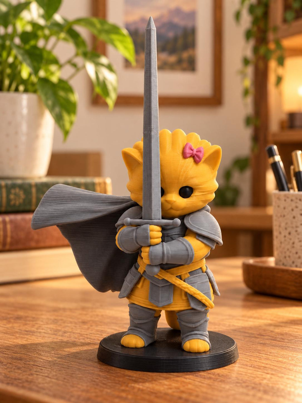 May include: A yellow cat figurine dressed in gray armor and a flowing gray cape, holding a long gray sword upright with both paws. The cat has a small pink bow on its head and stands on a circular black base, featuring a detailed textured finish.
