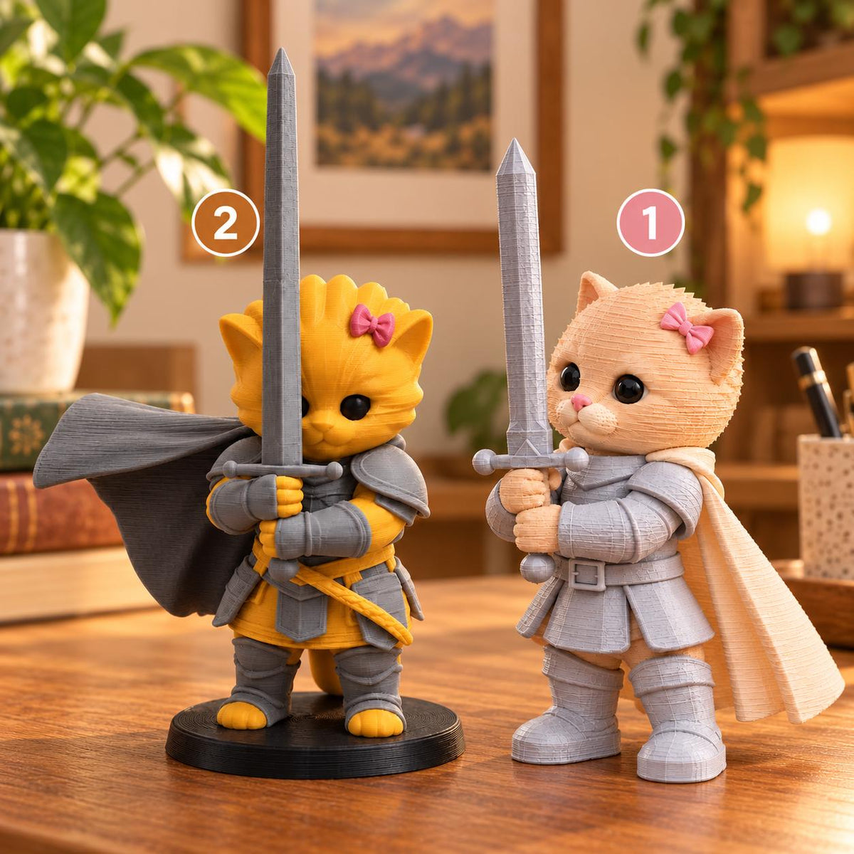 May include: Two cat figurines dressed as knights, each holding a grey sword. The left cat is yellow with a grey cape and a pink bow. The right cat is light orange with a cream cape and a pink bow. Both figures have numbered circular tags.