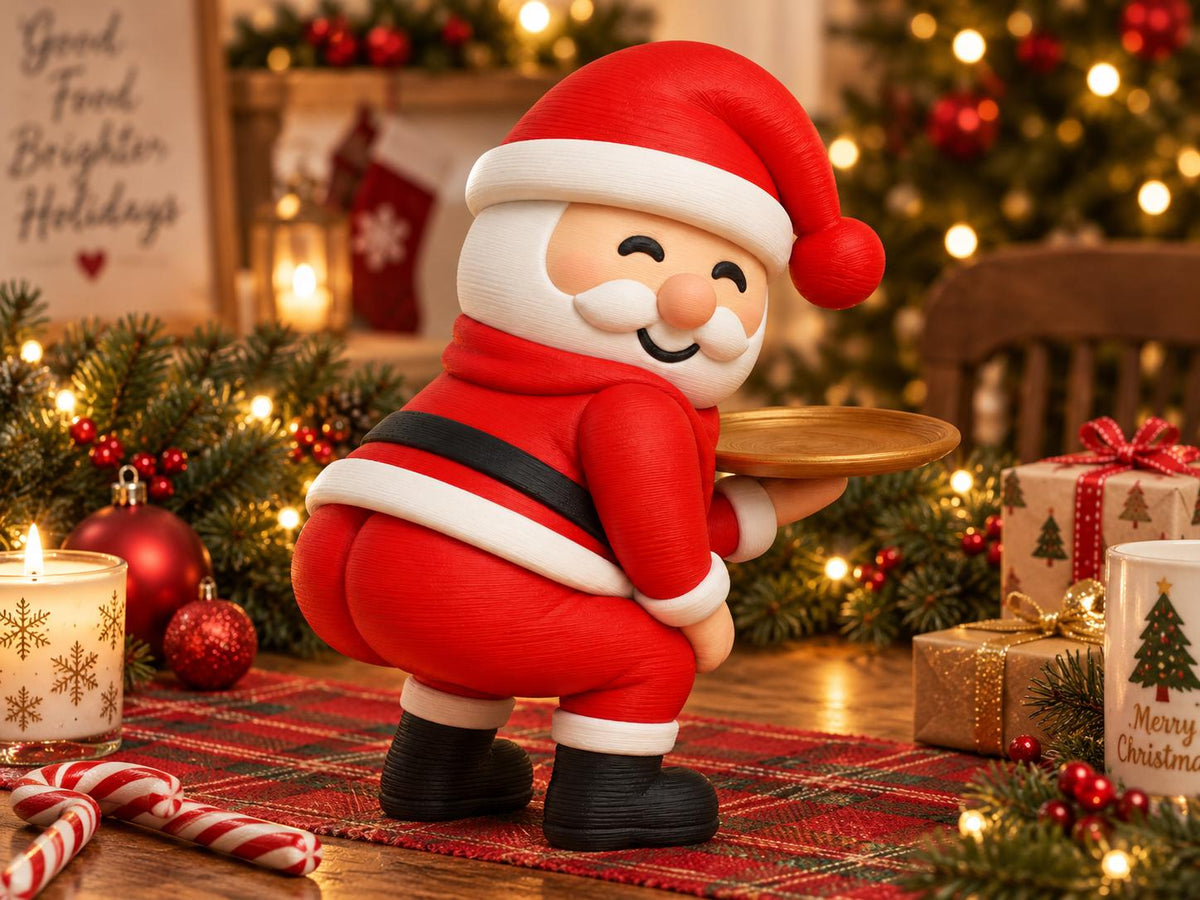 May include: A Santa Claus figurine wearing a red suit with a black belt and white trim, featuring a hat and a white beard. The figure is in a bent-over position, holding a small, round, gold-colored tray in one hand. The surface of the figurine has a textured, matte finish, and the character has a smiling expression with closed eyes.