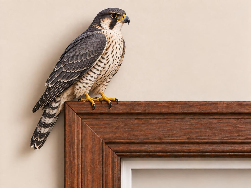 May include: A peregrine falcon with dark gray and white plumage, featuring a black-streaked chest and bright yellow talons, perched on the top edge of a dark brown wooden picture frame with a white inner border against a neutral wall.