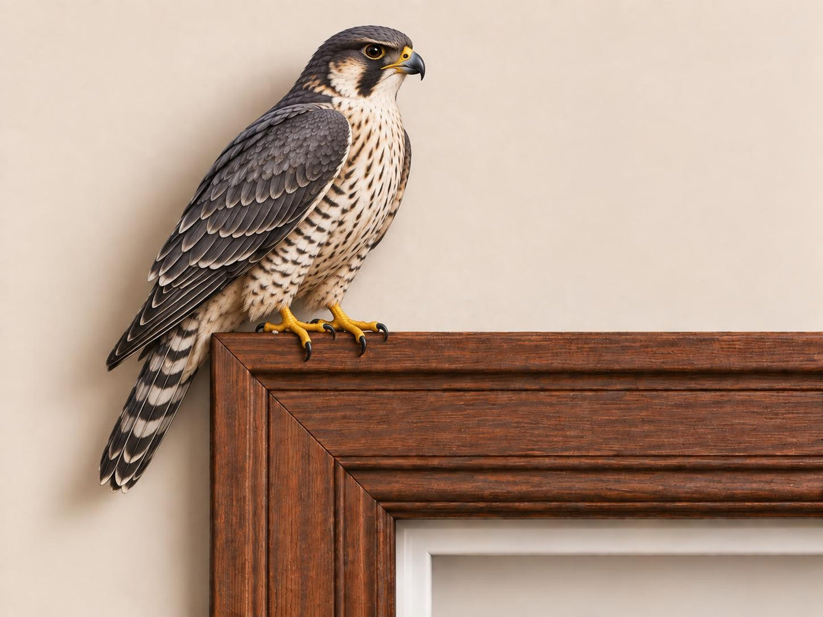 May include: A peregrine falcon with dark gray and white plumage, featuring a black-streaked chest and bright yellow talons, perched on the top edge of a dark brown wooden picture frame with a white inner border against a neutral wall.