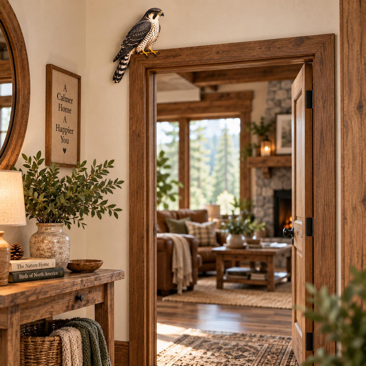 May include: A realistic falcon figurine perched on the top corner of a wooden door frame. The bird features detailed dark gray and white plumage with yellow talons, positioned as if resting on the edge of the trim in a home interior setting.