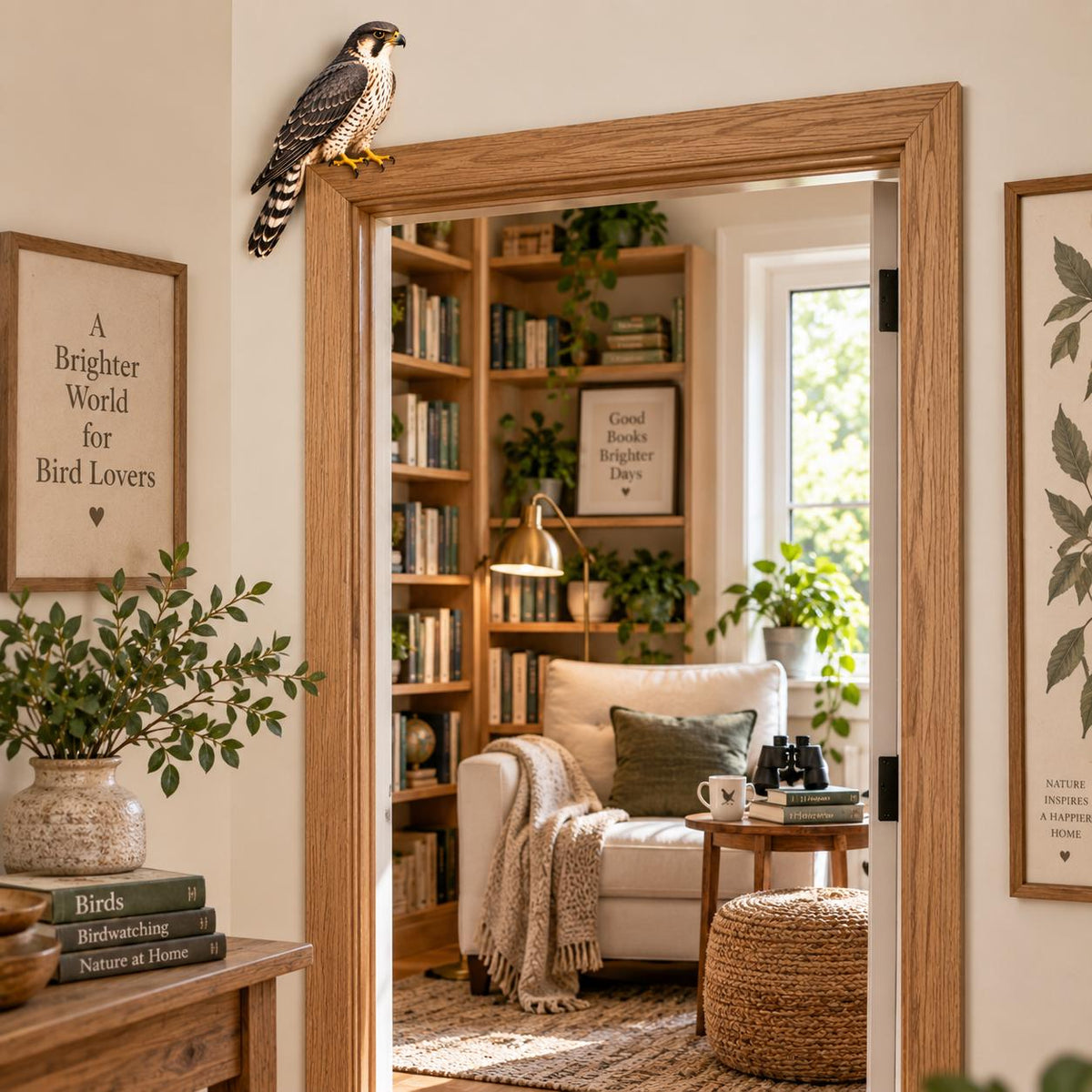 May include: A realistic falcon figurine perched on a wooden door frame. The bird has brown, white, and black feathers with yellow talons. The scene includes a home interior with bookshelves, a white armchair, a woven ottoman, and framed wall art.