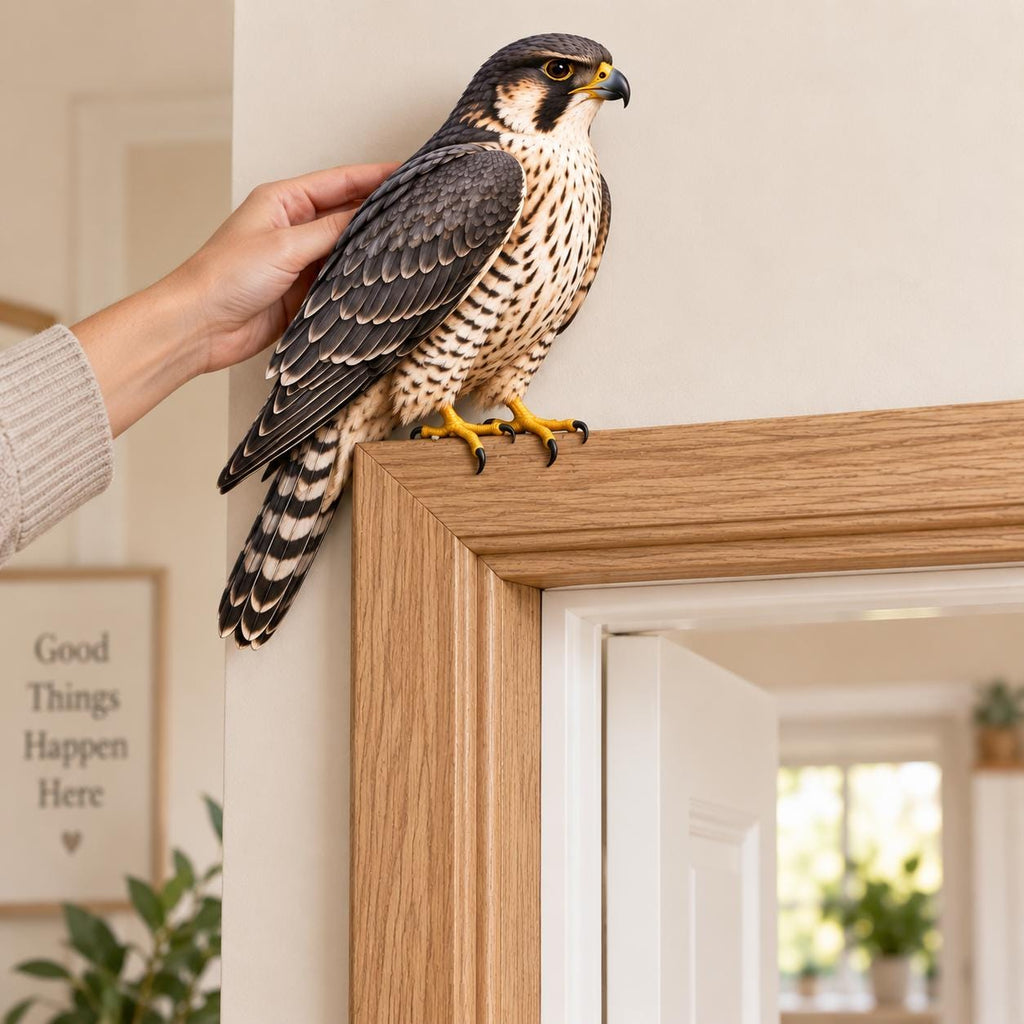 May include: A realistic falcon figurine with dark gray and white patterned feathers, a sharp hooked beak, and bright yellow talons perched on the corner of a light oak wood door frame. The bird features detailed plumage and dark eyes.