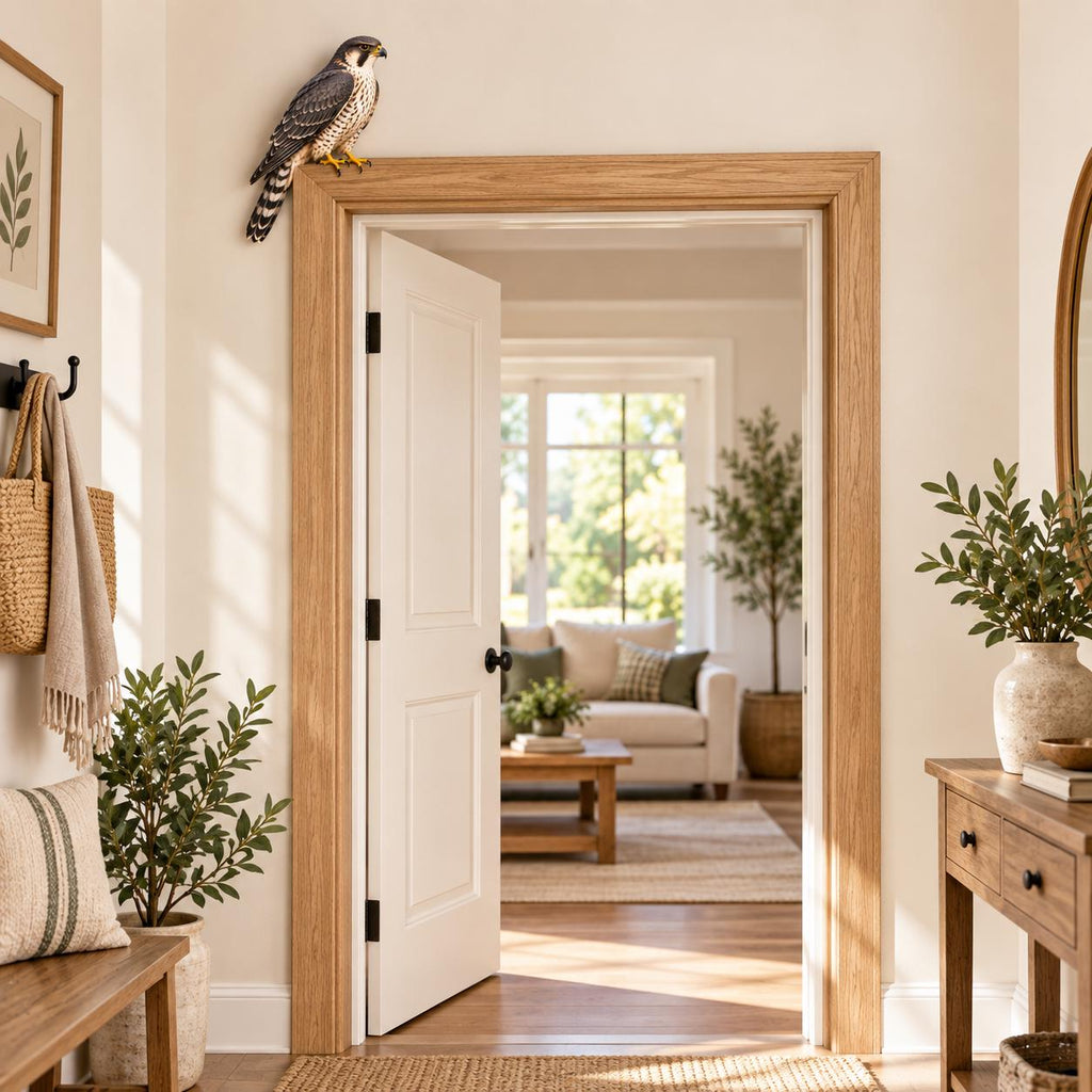 May include: A decorative wall-mounted falcon figurine with dark grey, white, and brown plumage perched on the top corner of a light oak wood door frame. The bird is depicted in a realistic stance with detailed feathers and yellow talons.