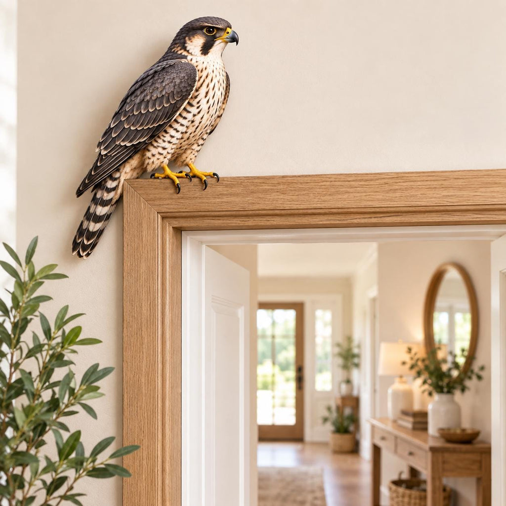 May include: A realistic falcon figurine with dark gray and white patterned feathers, a sharp beak, and bright yellow talons perched on the top corner of a light brown wooden door frame. The bird is facing right with detailed plumage.