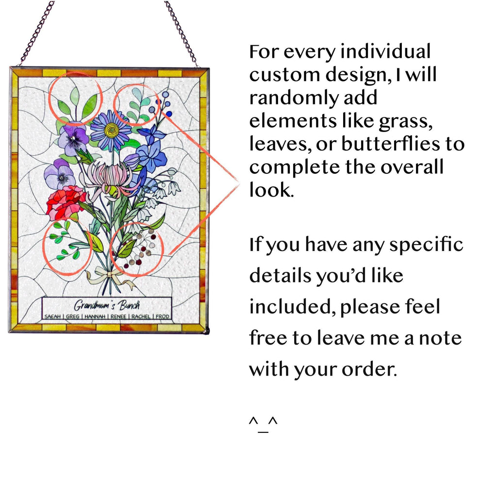 May include: Stained glass panel featuring a colorful floral bouquet with red, purple, blue, and pink flowers. The panel is framed in gold and suspended by a chain. Text reads "Grandmum's Bunch."