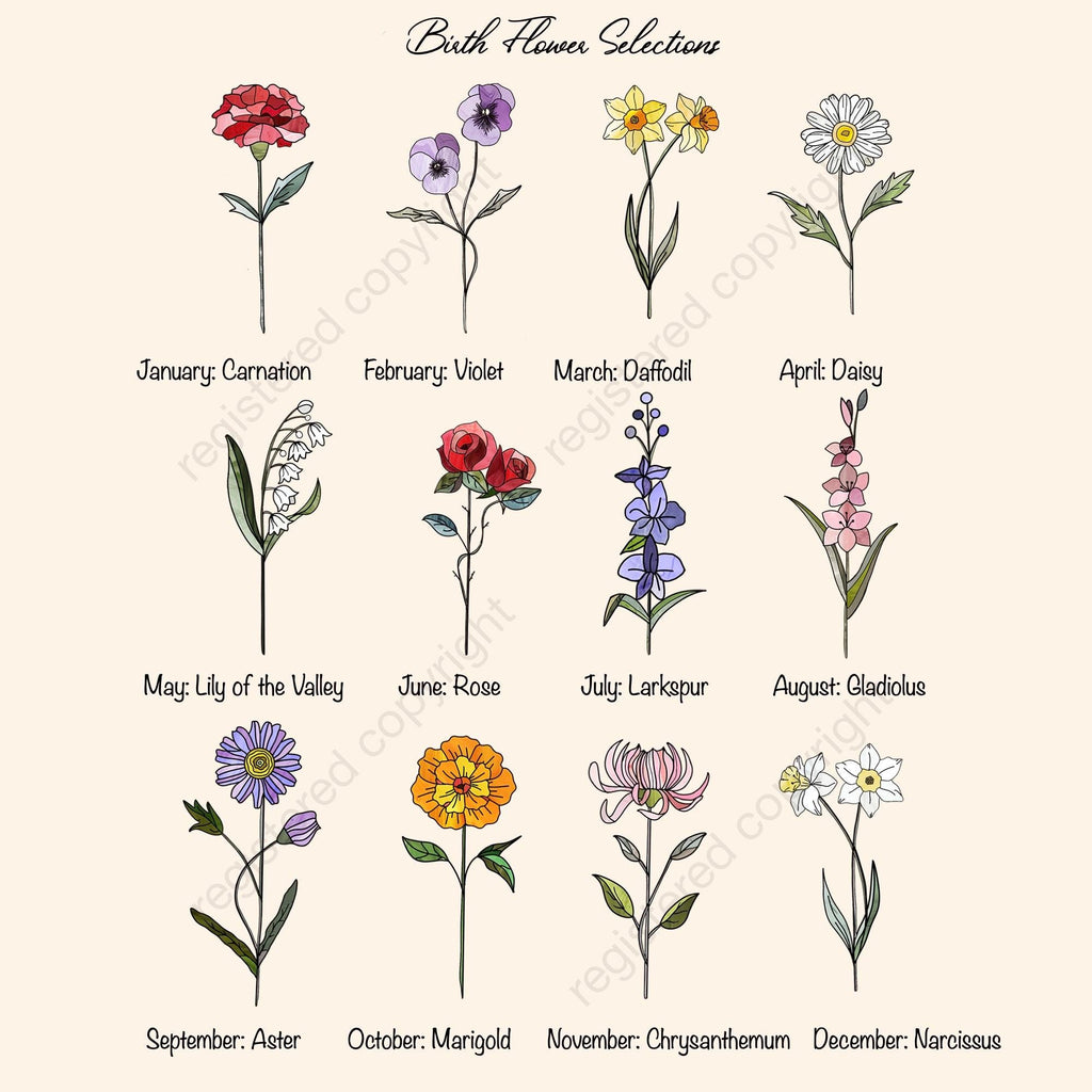 May include: An illustration of twelve birth flowers, each representing a month of the year. The flowers include carnation, violet, daffodil, daisy, lily of the valley, rose, larkspur, gladiolus, aster, marigold, chrysanthemum, and narcissus.