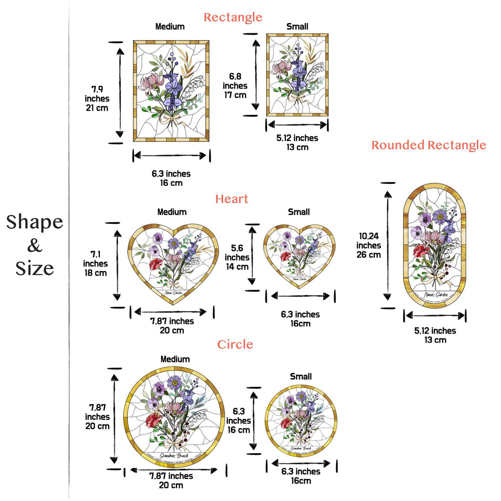 May include: Various stained glass designs in rectangle, heart, rounded rectangle, and circle shapes. Each design features a floral bouquet with measurements in inches and centimeters. Sizes range from small to medium.