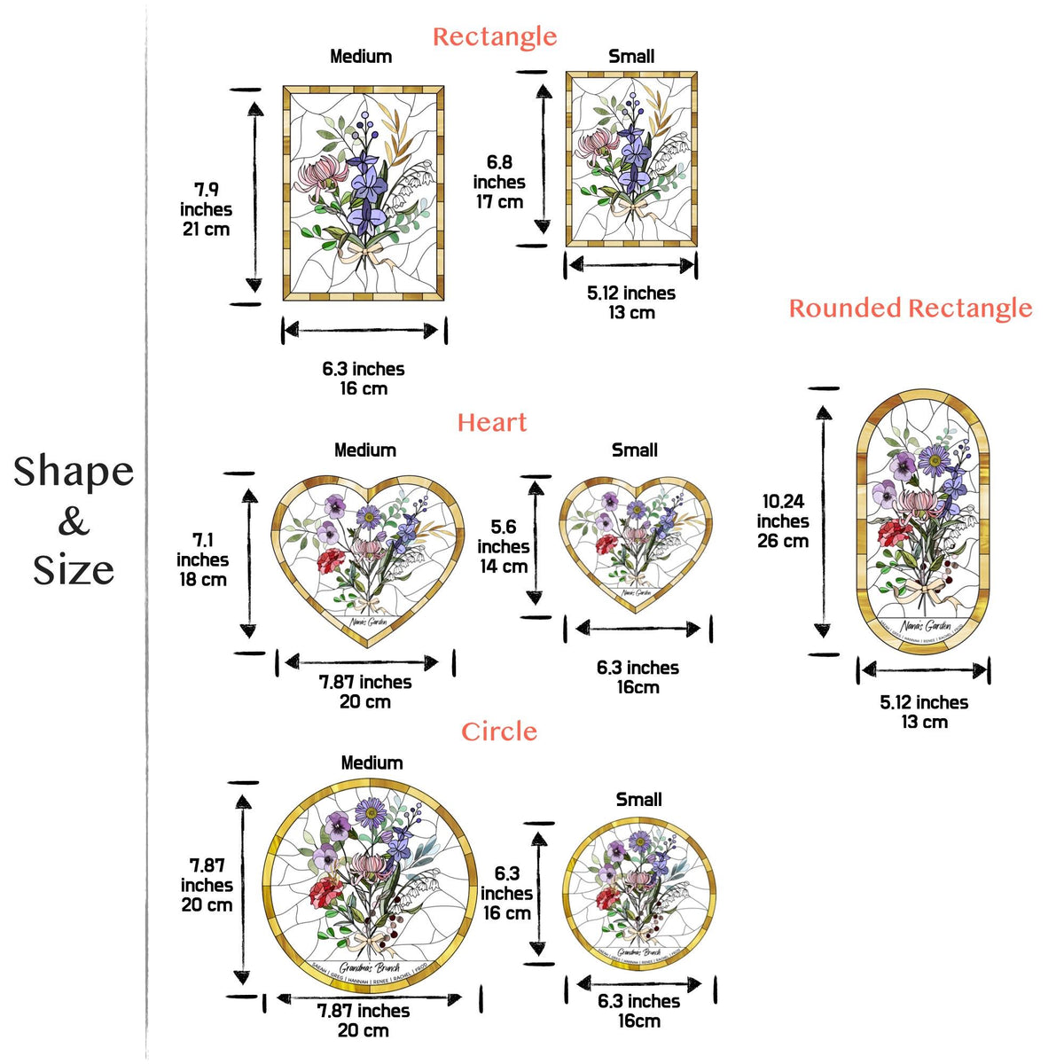 May include: Various stained glass designs in rectangle, heart, rounded rectangle, and circle shapes. Each design features a floral bouquet with measurements in inches and centimeters. Sizes range from small to medium.
