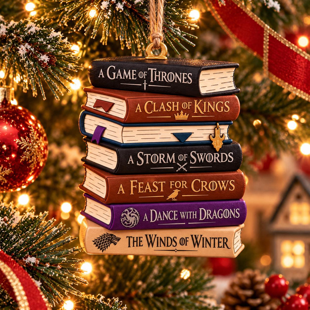 May include: A decorative hanging ornament featuring a stack of six miniature books titled A Game of Thrones, A Clash of Kings, A Storm of Swords, A Feast for Crows, A Dance with Dragons, and The Winds of Winter, suspended by a rustic twine loop.