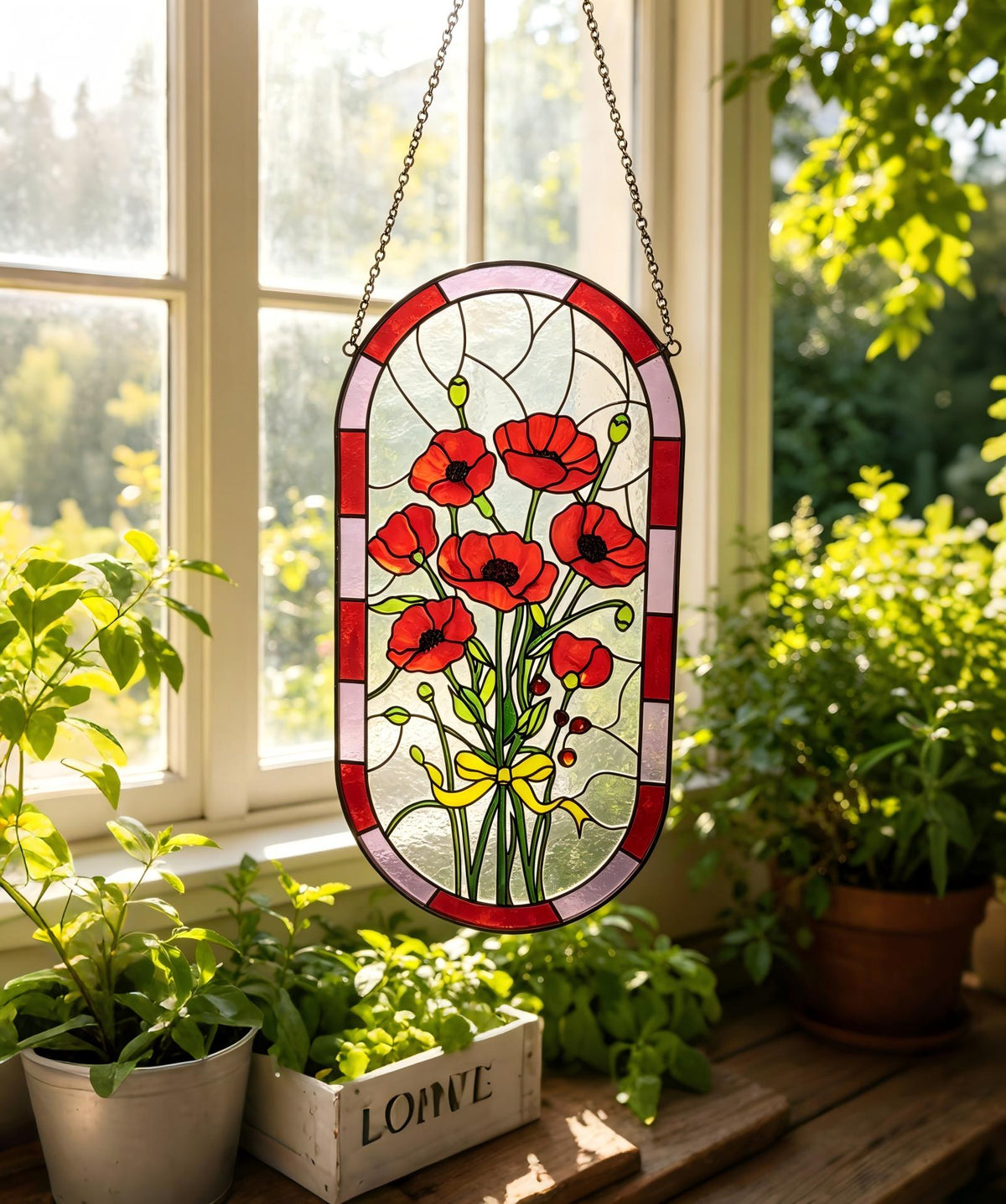 May include: Stained glass window panel featuring a bouquet of red poppies with green stems and leaves, tied with a yellow ribbon. The panel has a red and pink border and hangs from a chain. The word "LOVE" is visible on a wooden box.