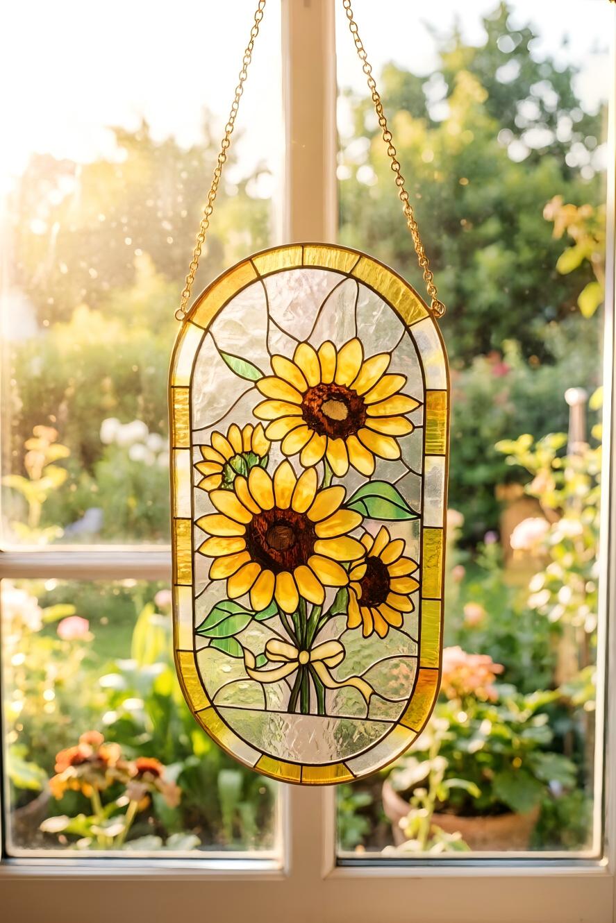 May include: Stained glass window panel featuring a bouquet of sunflowers. The sunflowers have yellow petals and brown centers, with green leaves and a yellow ribbon. The panel is framed in a gold-colored metal and hangs from a gold chain.