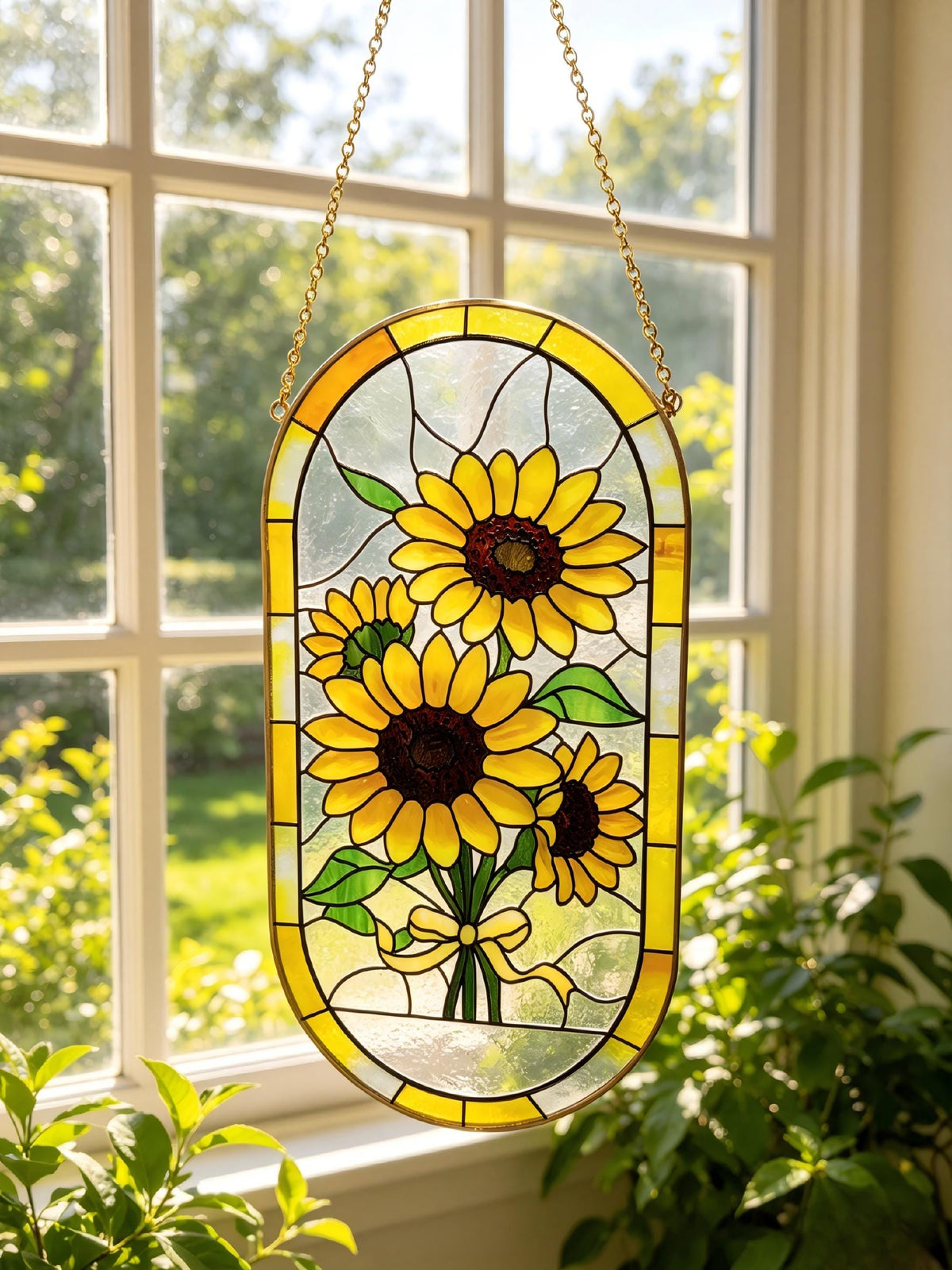 May include: Stained glass window art featuring a bouquet of sunflowers. The sunflowers have yellow petals and dark brown centers, with green leaves and a yellow ribbon. The window is framed in yellow and hangs from a gold chain.