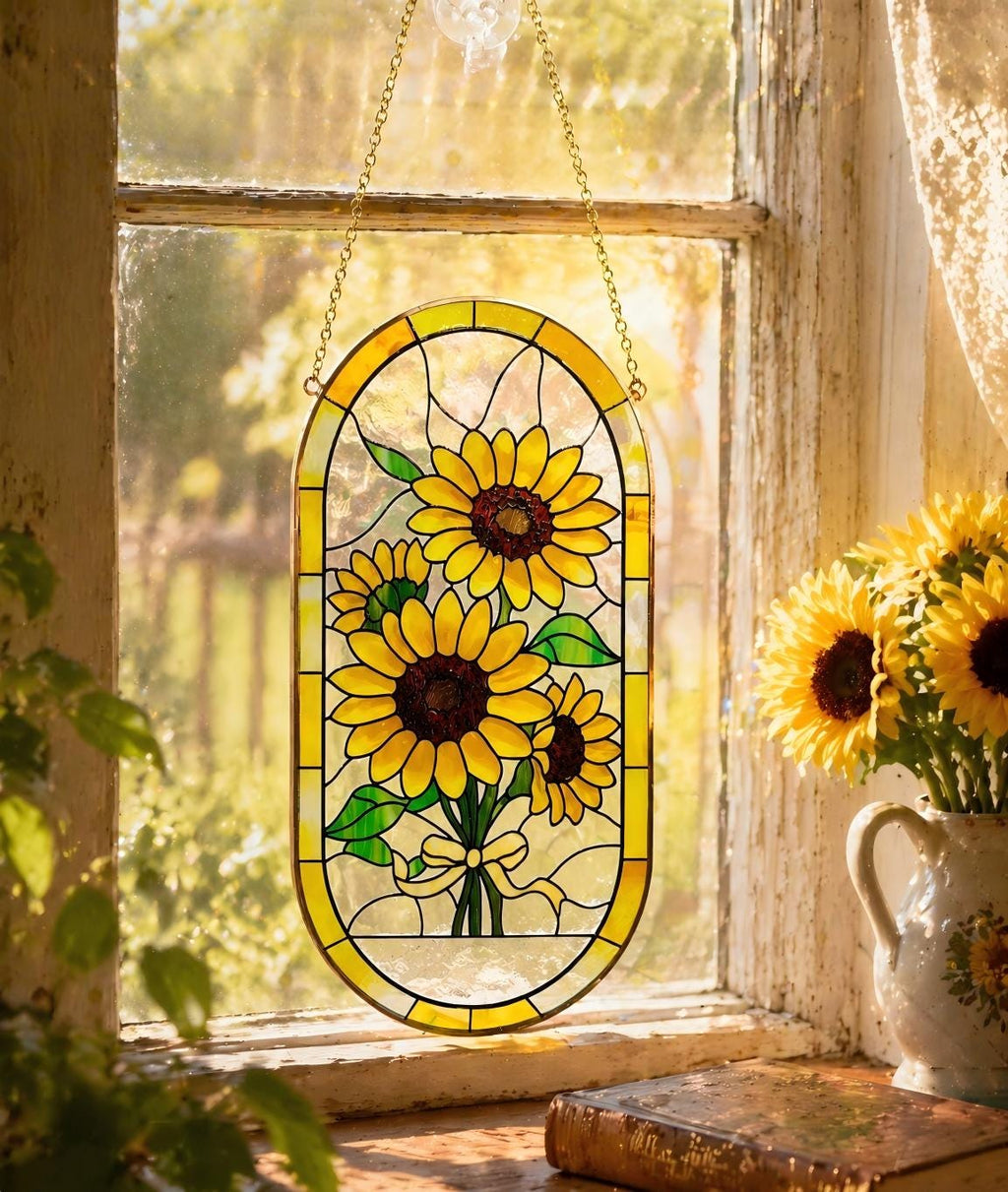May include: An oval stained glass window hanging featuring a bouquet of sunflowers. The sunflowers have yellow petals and brown centers, with green leaves and a yellow ribbon. The window is framed in yellow and hangs from a gold chain.
