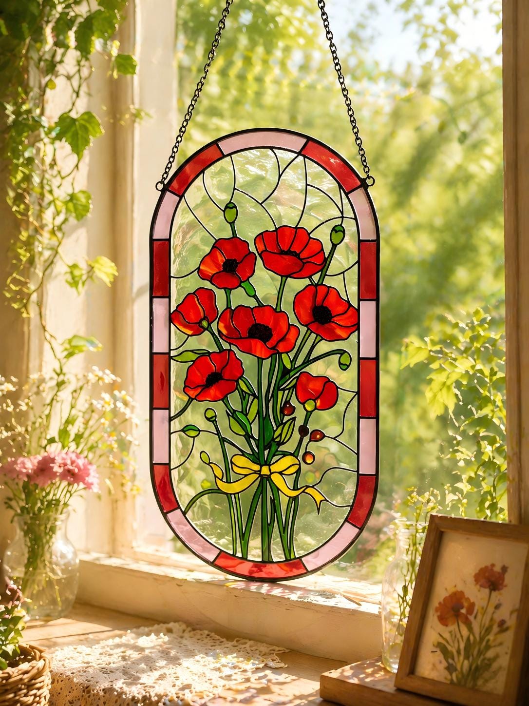 May include: Stained glass window panel featuring a bouquet of red poppies with black centers, tied with a yellow ribbon. The oval-shaped panel has a red and pink border and is suspended by a chain. Decorative floral art for home decor.