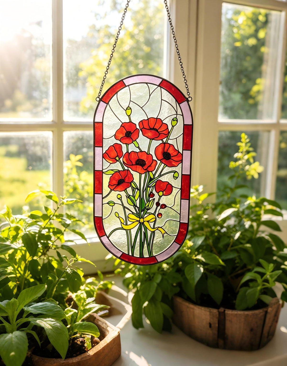 May include: Stained glass window hanging featuring a bouquet of red poppies with green stems and leaves, tied with a yellow ribbon. The window has a red and pink border and is suspended by a chain.