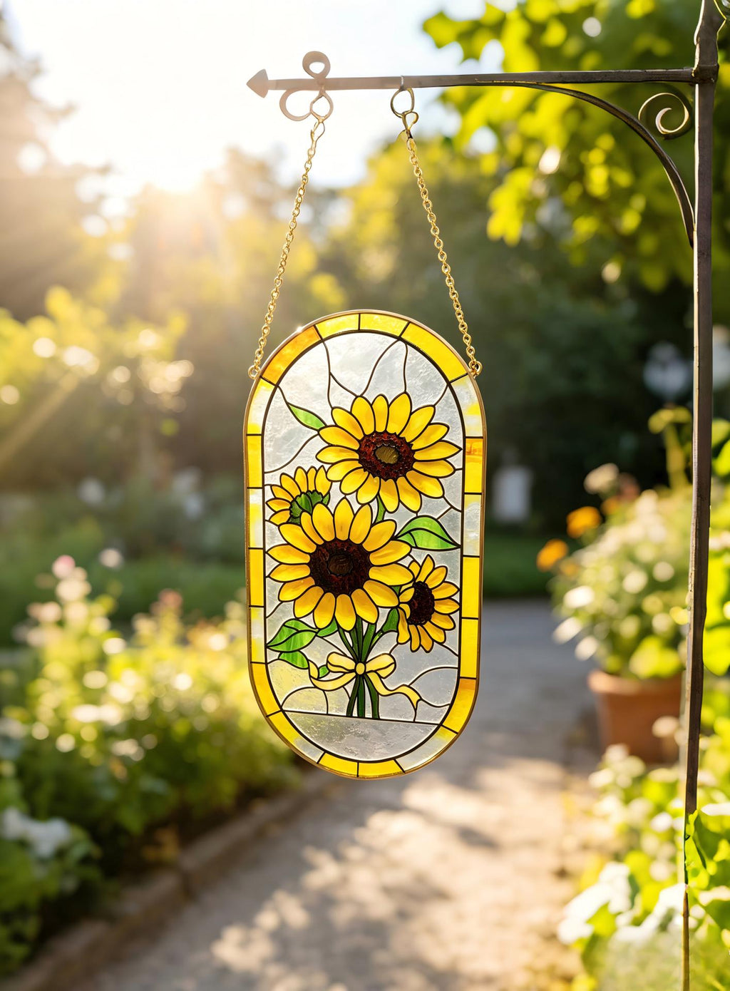 May include: Stained glass window art featuring a bouquet of sunflowers. The oval-shaped panel has a yellow border and a gold chain for hanging. The sunflowers have yellow petals and dark brown centers, with green leaves and a yellow ribbon.