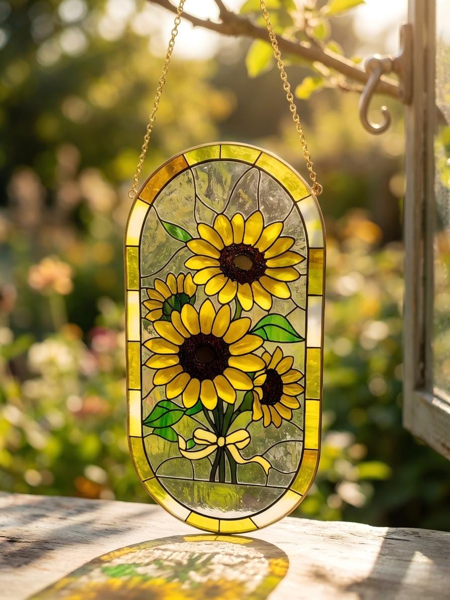 May include: Stained glass window panel featuring a bouquet of sunflowers. The sunflowers have yellow petals and dark brown centers, with green leaves and a yellow ribbon. The panel is framed in a gold-colored border and hangs from a gold chain.