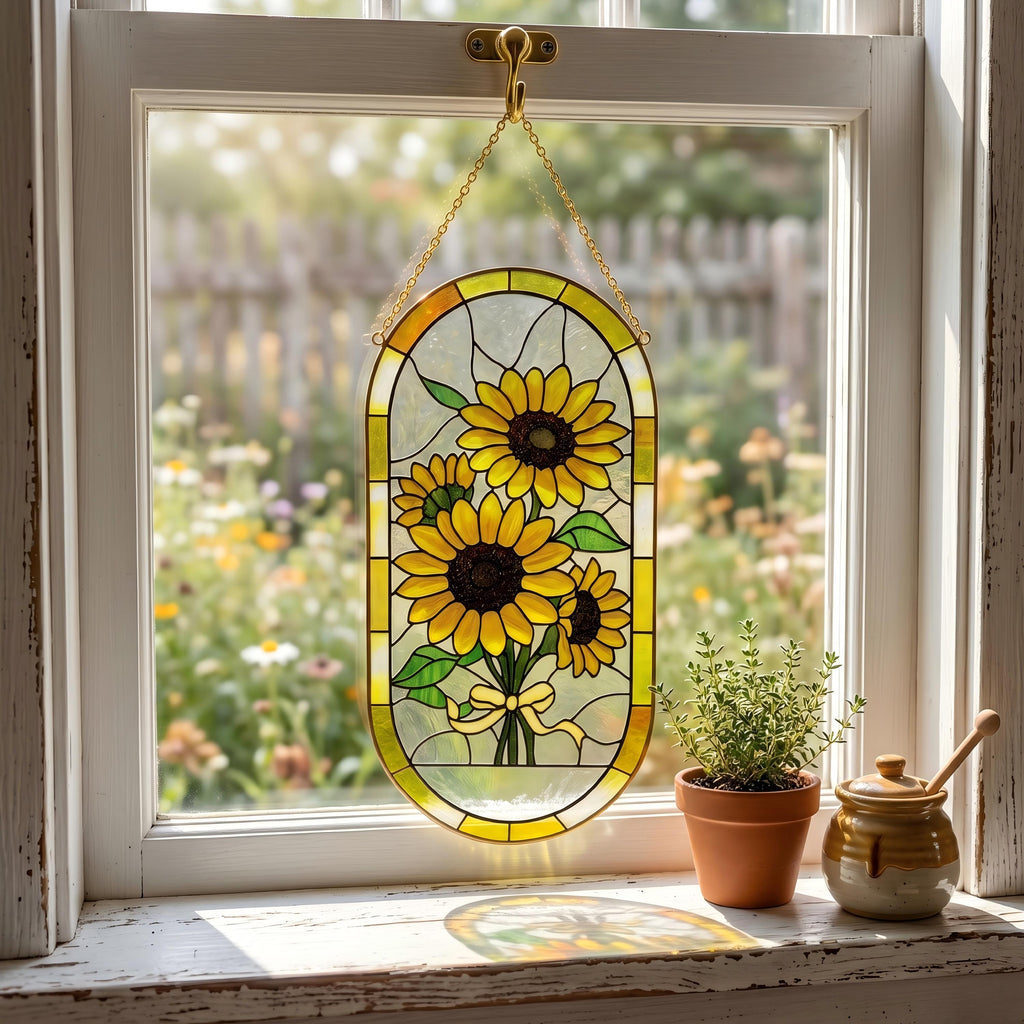 May include: Stained glass window panel featuring a bouquet of sunflowers in shades of yellow, orange, and green. The panel is oval-shaped with a yellow border and hangs from a gold chain. The window is set in a white frame.