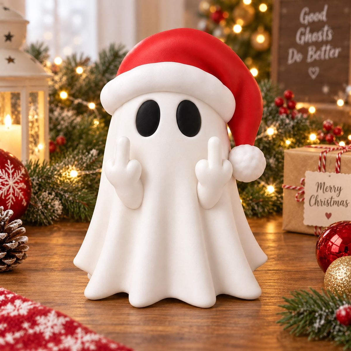 May include: A white ghost figurine wearing a red Santa hat with a white pom-pom. The ghost has two large black oval eyes and is raising both hands to display the middle finger gesture. The figure is smooth and stands upright with a draped base.